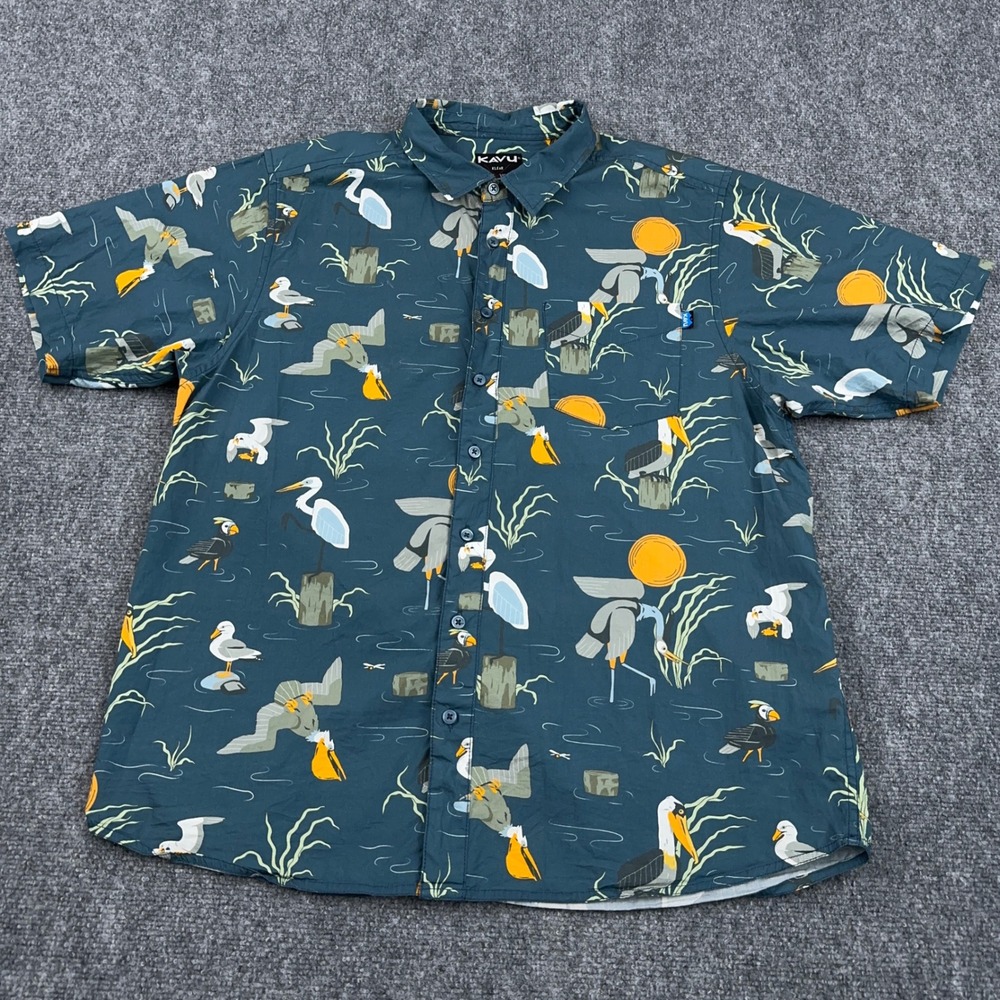 KAVU The Jam Shirt in Angling Birds Print Men's XL Short Sleeve Button Down Camp